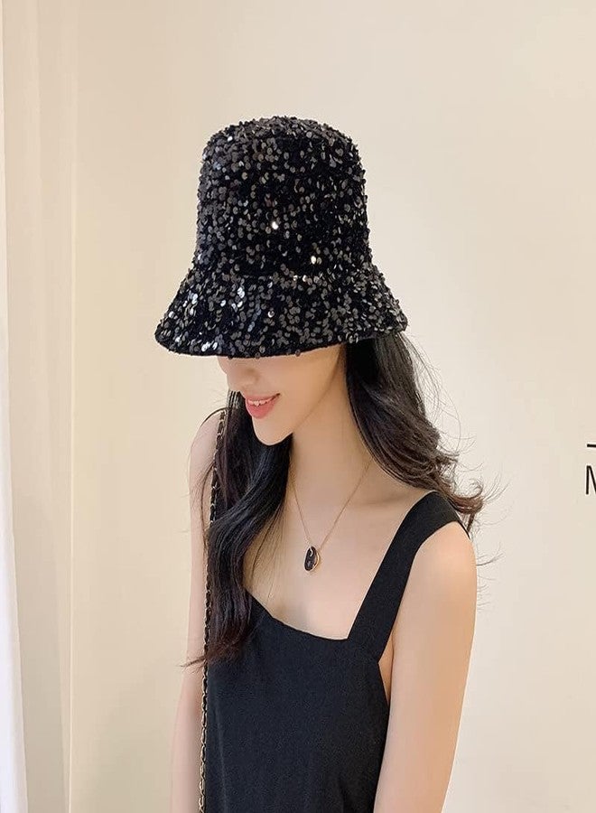 Vikodah Women's Sequin Bucket Sun Hat Bling Bling Reversible Glitter Outdoor Shiny Sun Hats Black - Image 5